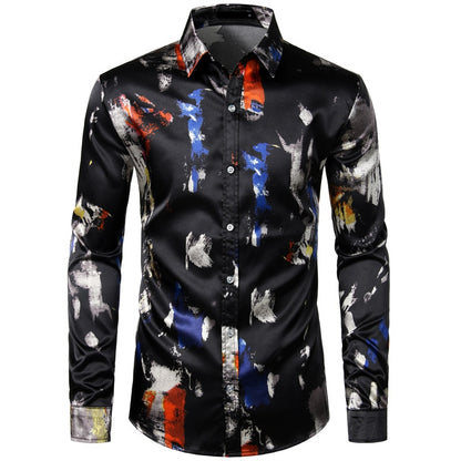 PRJN Men's Summer Splash Ink 3D Printing Lapel Long Sleeve Shirt Men's  Personality Plus Size Shirt Men Sleeve Lapel Color Printing Casual Shirt